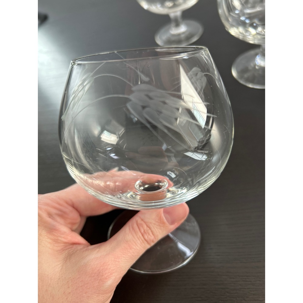 Vintage Libbey Wheat Etched Brandy Snifters MCM 4 Clear Glass Cognac Glasses - Picture 5 of 5